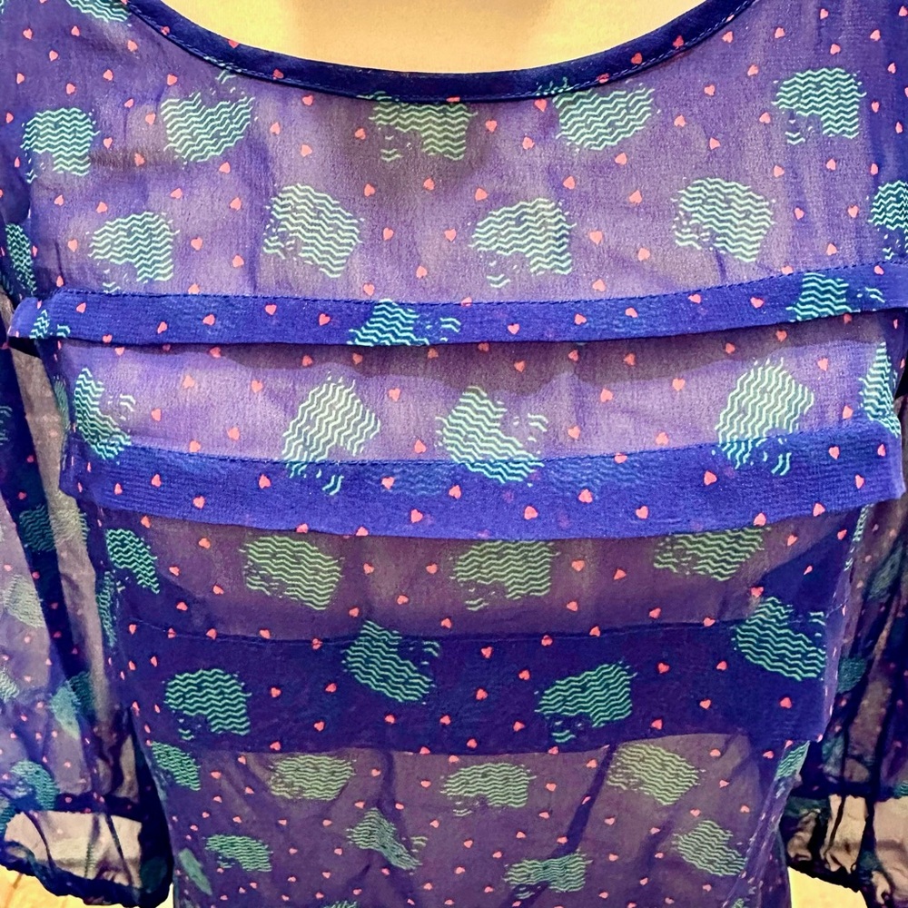 Hello Kitty Sheer Cobalt Blue Ruffle Blouse Women's L, Fits Like M, Pink‎ Hearts - Picture 3 of 10